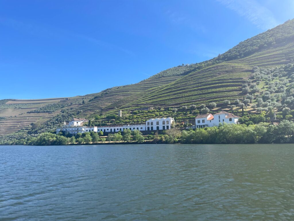 A wide landscape view from the water of a traditional white Portuguese wine estate and manor house along the banks of the Douro River, set against steep, terraced green vineyard hills under a bright blue sky.