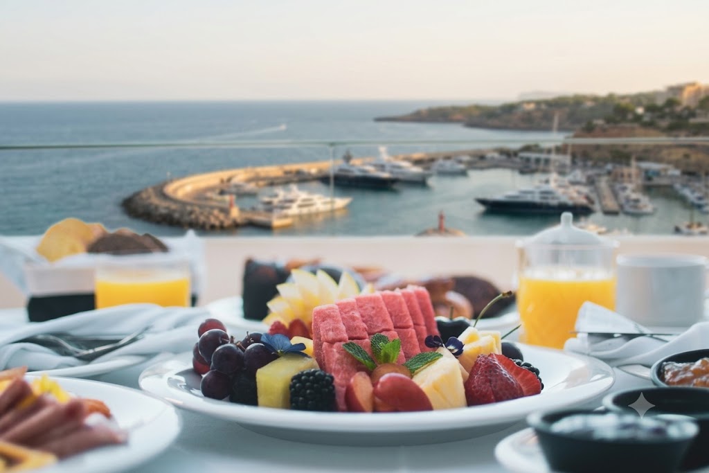 A close-up photograph of a luxury hotel breakfast spread on a white tablecloth overlooking the Mediterranean coast at Port Adriano, Mallorca. The foreground features a vibrant fruit platter with watermelon, grapes, berries, and mint, while the background shows a shallow depth of field view of superyachts in the marina and the curved coastline at sunrise.